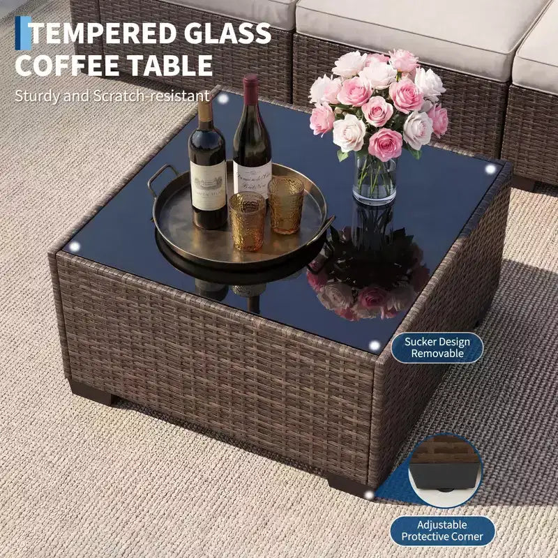 7-Piece Outdoor Wicker Sectional Sofa Set with Washable Cushions and Glass Coffee Table for Patio, Backyard & Poolside