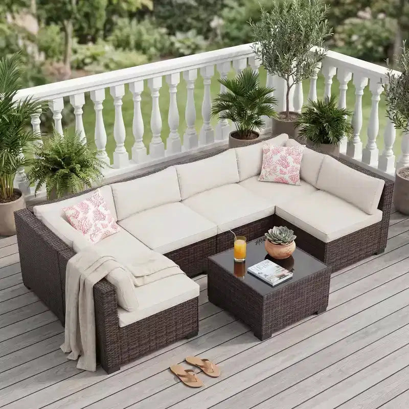 7-Piece Outdoor Wicker Sectional Sofa Set with Washable Cushions and Glass Coffee Table for Patio, Backyard & Poolside