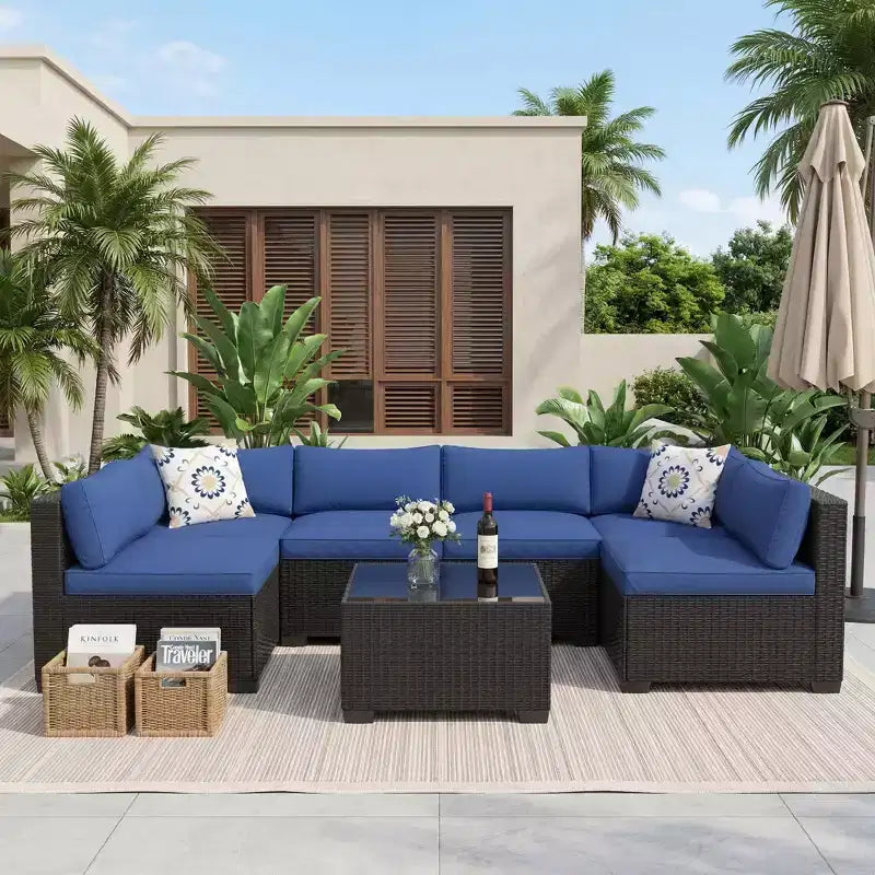 7-Piece Outdoor Wicker Sectional Sofa Set with Washable Cushions and Glass Coffee Table for Patio, Backyard & Poolside