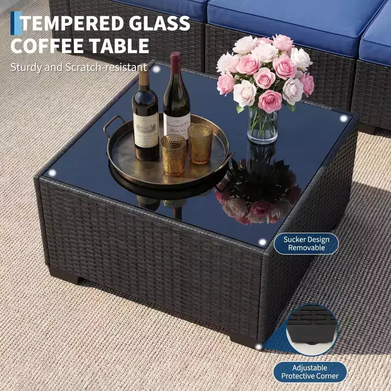7-Piece Outdoor Wicker Sectional Sofa Set with Washable Cushions and Glass Coffee Table for Patio, Backyard & Poolside