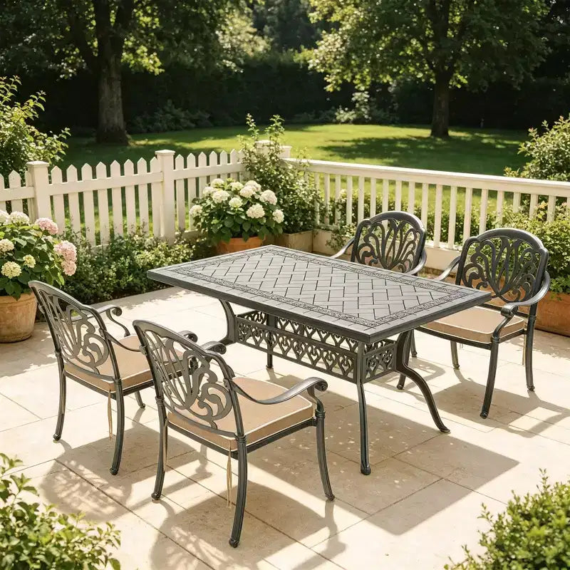 Conjunto de comedor para patio de 5 piezas con mesa rectangular de aluminio fundido para jardín, terraza, piscina y exteriores, con cojines