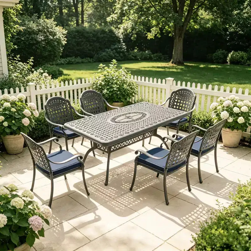 Conjunto de comedor para patio de 5 piezas con mesa rectangular de aluminio fundido para jardín, terraza, piscina y exteriores, con cojines
