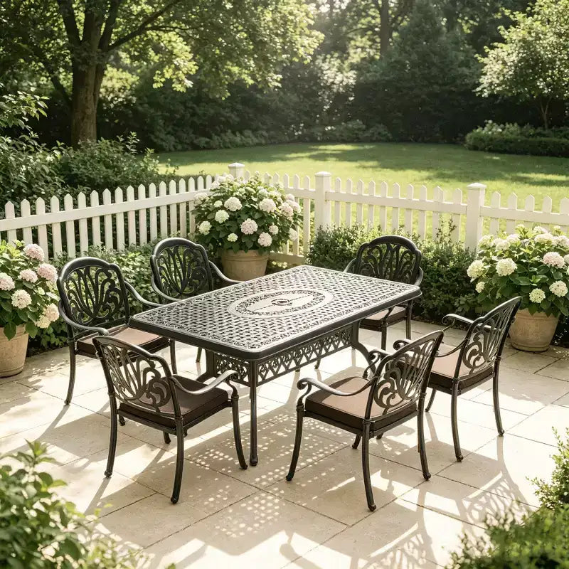 Conjunto de comedor para patio de 5 piezas con mesa rectangular de aluminio fundido para jardín, terraza, piscina y exteriores, con cojines