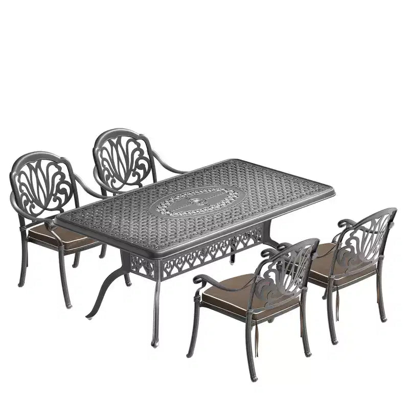 Conjunto de comedor para patio de 5 piezas con mesa rectangular de aluminio fundido para jardín, terraza, piscina y exteriores, con cojines