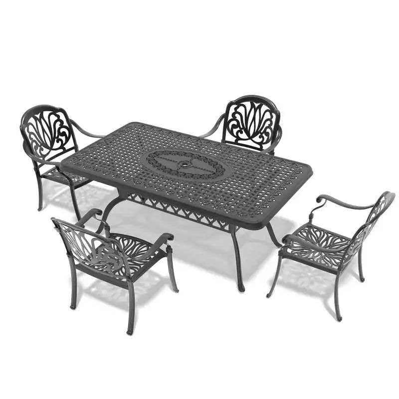 Conjunto de comedor para patio de 5 piezas con mesa rectangular de aluminio fundido para jardín, terraza, piscina y exteriores, con cojines