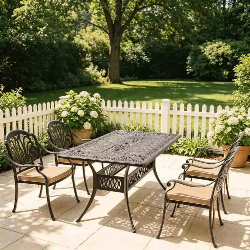 Conjunto de comedor para patio de 5 piezas con mesa rectangular de aluminio fundido para jardín, terraza, piscina y exteriores, con cojines
