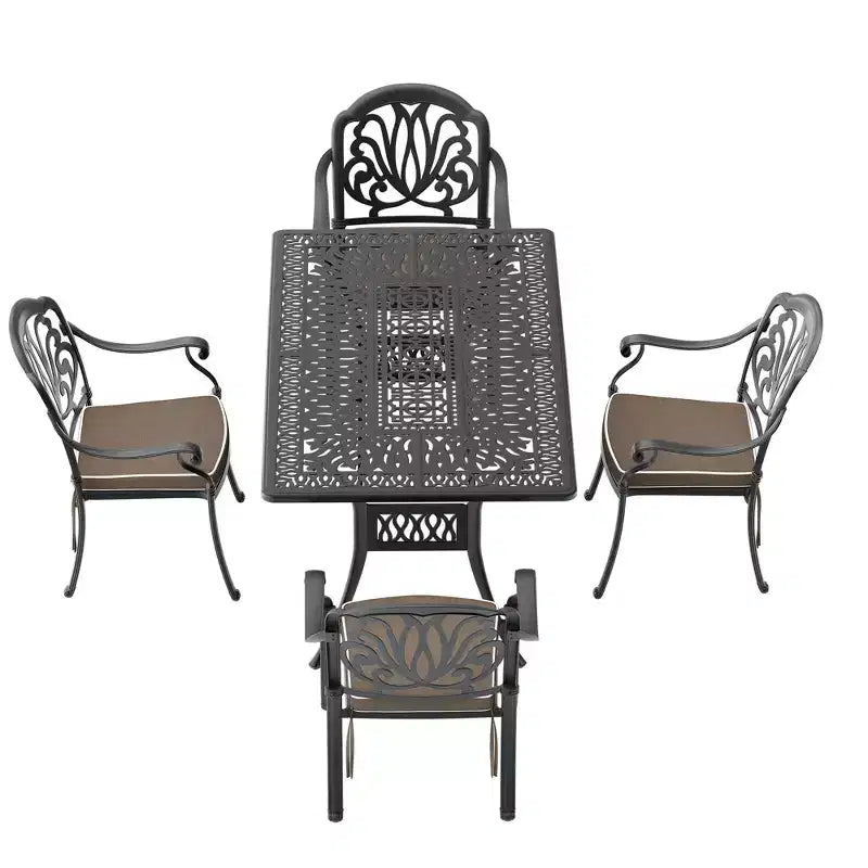 Conjunto de comedor para patio de 5 piezas con mesa rectangular de aluminio fundido para jardín, terraza, piscina y exteriores, con cojines