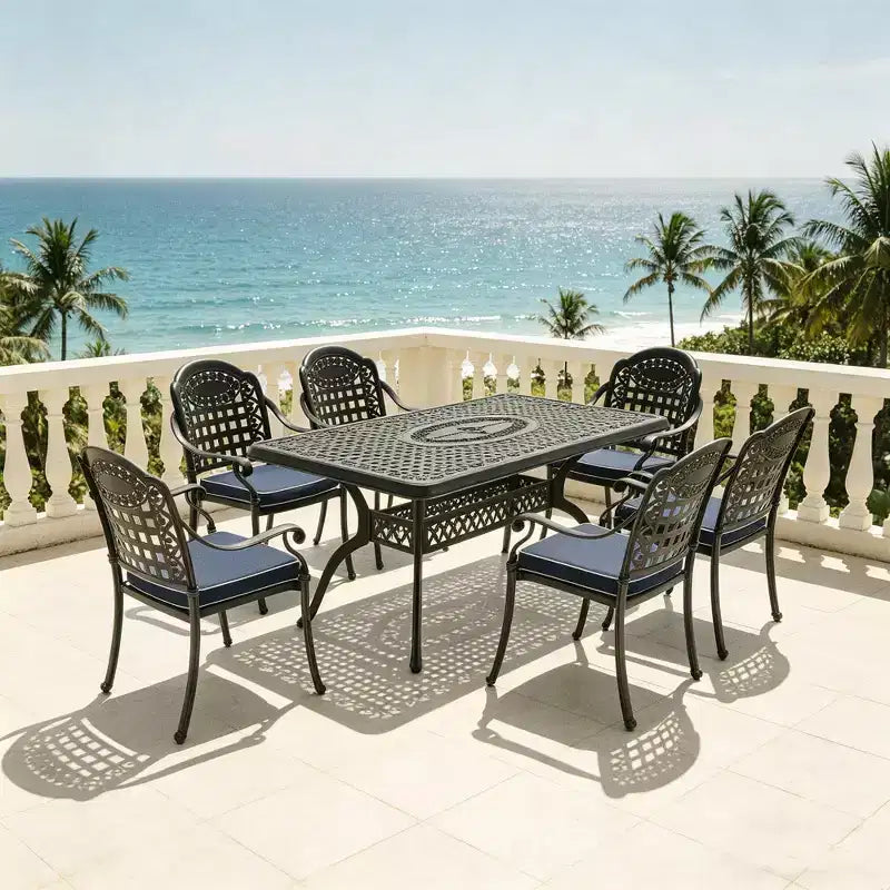 Conjunto de comedor para patio de 5 piezas con mesa rectangular de aluminio fundido para jardín, terraza, piscina y exteriores, con cojines