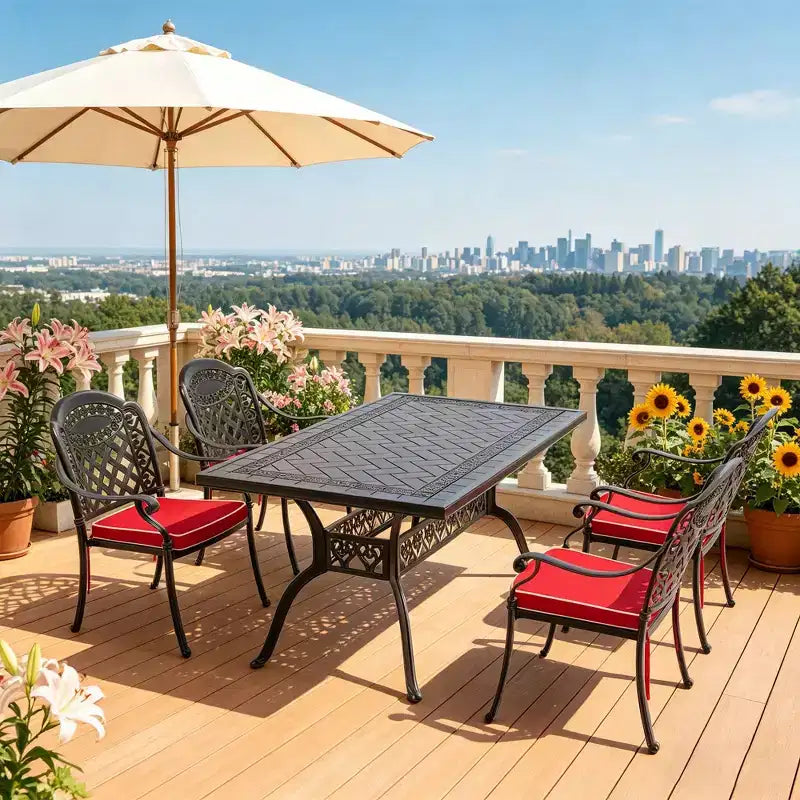 Conjunto de comedor para patio de 5 piezas con mesa rectangular de aluminio fundido para jardín, terraza, piscina y exteriores, con cojines