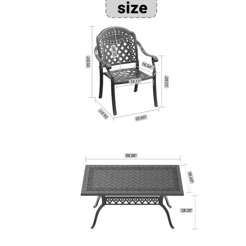 Conjunto de comedor para patio de 5 piezas con mesa rectangular de aluminio fundido para jardín, terraza, piscina y exteriores, con cojines