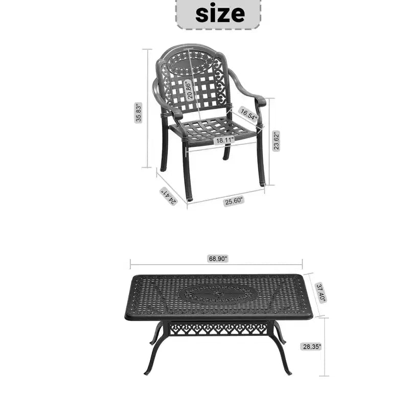 Conjunto de comedor para patio de 5 piezas con mesa rectangular de aluminio fundido para jardín, terraza, piscina y exteriores, con cojines