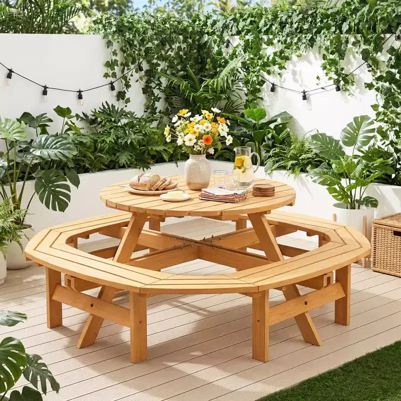 Tavolo da picnic in legno per 8 persone, tavolo rotondo da pranzo da campeggio per esterni con panche integrate e foro per ombrellone, set da tavolo da esterno per giardino, cortile e patio
