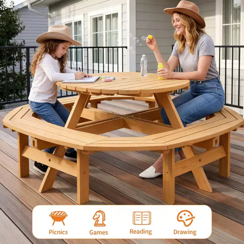Tavolo da picnic in legno per 8 persone, tavolo rotondo da pranzo da campeggio per esterni con panche integrate e foro per ombrellone, set da tavolo da esterno per giardino, cortile e patio