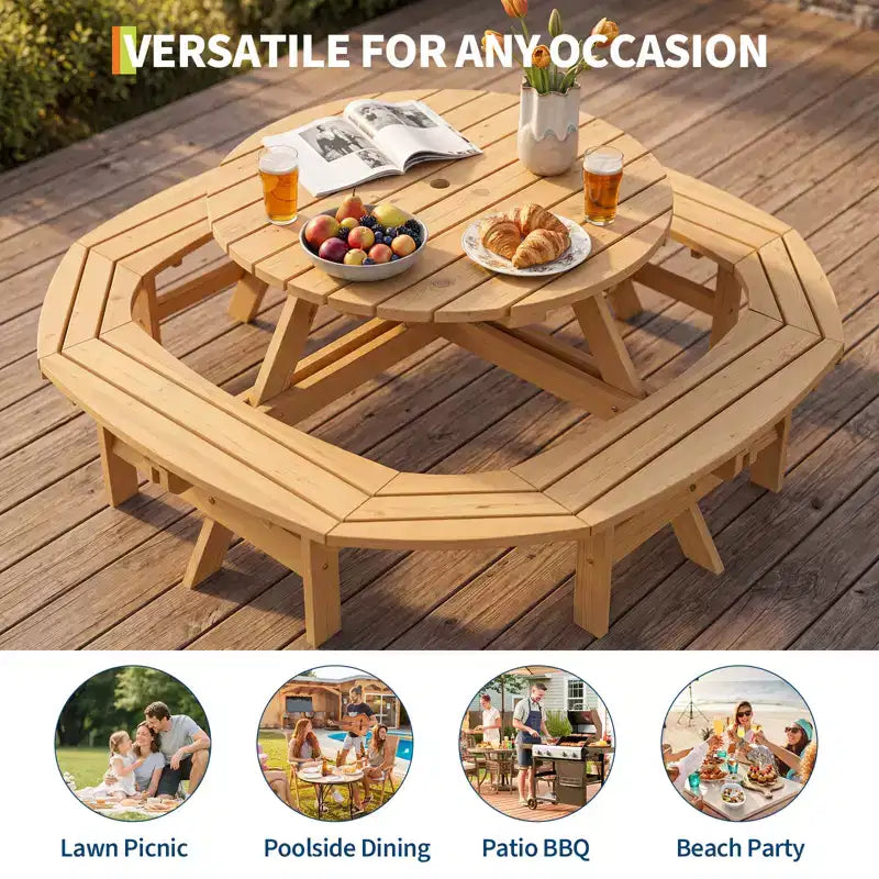 Tavolo da picnic in legno per 8 persone, tavolo rotondo da pranzo da campeggio per esterni con panche integrate e foro per ombrellone, set da tavolo da esterno per giardino, cortile e patio