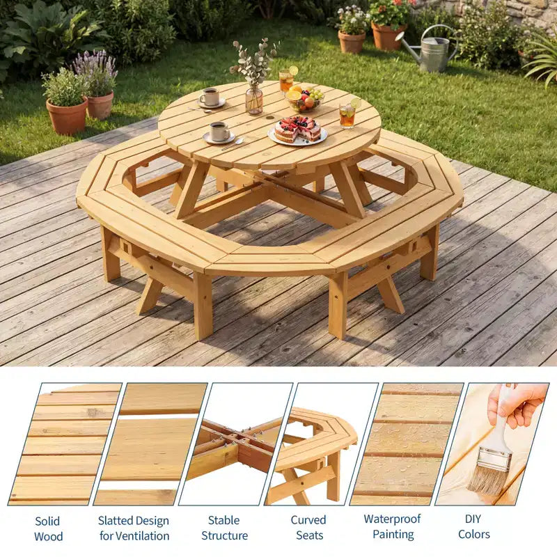 Tavolo da picnic in legno per 8 persone, tavolo rotondo da pranzo da campeggio per esterni con panche integrate e foro per ombrellone, set da tavolo da esterno per giardino, cortile e patio