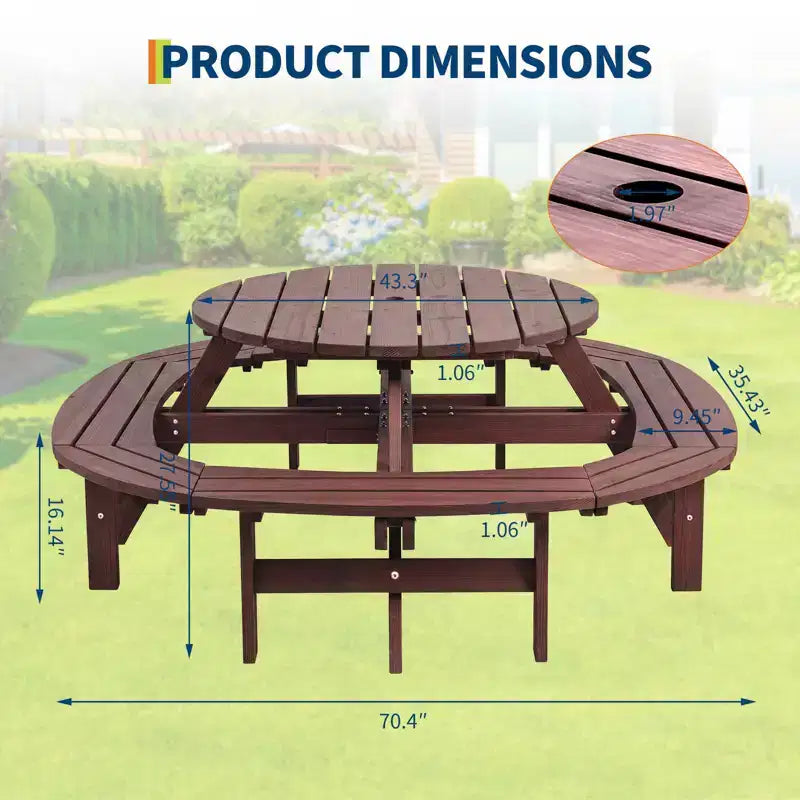 Tavolo da picnic in legno per 8 persone, tavolo rotondo da pranzo da campeggio per esterni con panche integrate e foro per ombrellone, set da tavolo da esterno per giardino, cortile e patio