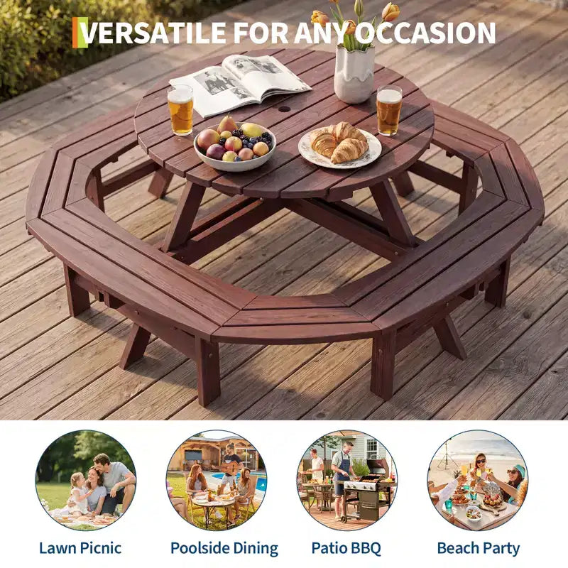 Tavolo da picnic in legno per 8 persone, tavolo rotondo da pranzo da campeggio per esterni con panche integrate e foro per ombrellone, set da tavolo da esterno per giardino, cortile e patio