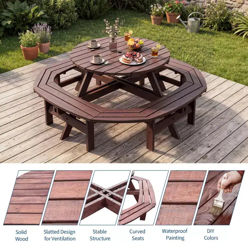 Tavolo da picnic in legno per 8 persone, tavolo rotondo da pranzo da campeggio per esterni con panche integrate e foro per ombrellone, set da tavolo da esterno per giardino, cortile e patio