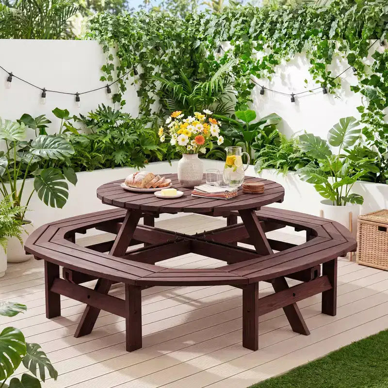 Tavolo da picnic in legno per 8 persone, tavolo rotondo da pranzo da campeggio per esterni con panche integrate e foro per ombrellone, set da tavolo da esterno per giardino, cortile e patio