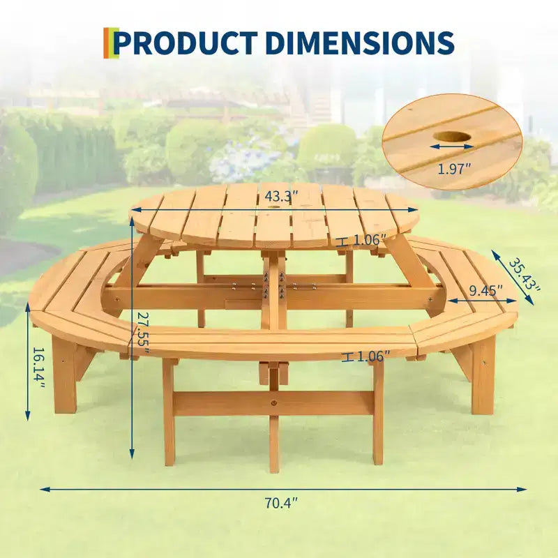Tavolo da picnic in legno per 8 persone, tavolo rotondo da pranzo da campeggio per esterni con panche integrate e foro per ombrellone, set da tavolo da esterno per giardino, cortile e patio