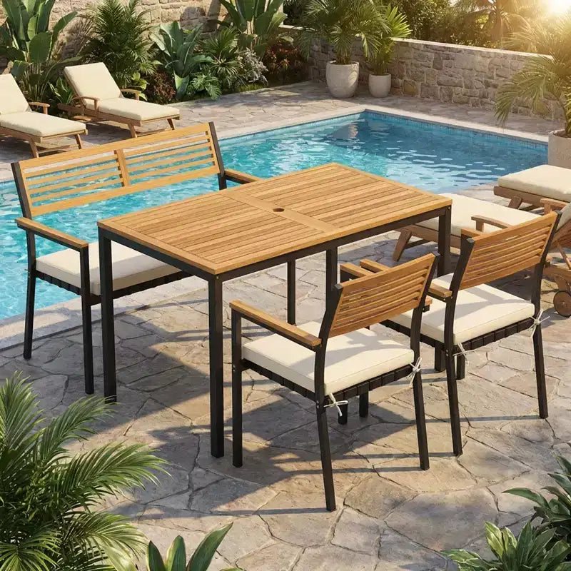 Gymax 4 PC Patio Furniture Set w/ Acacia Wood Table & Umbrella Hole 2 Stackable Chairs Bench Comfortable Cushions