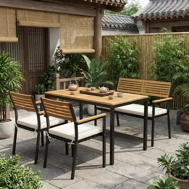 Gymax 4 PC Patio Furniture Set w/ Acacia Wood Table & Umbrella Hole 2 Stackable Chairs Bench Comfortable Cushions