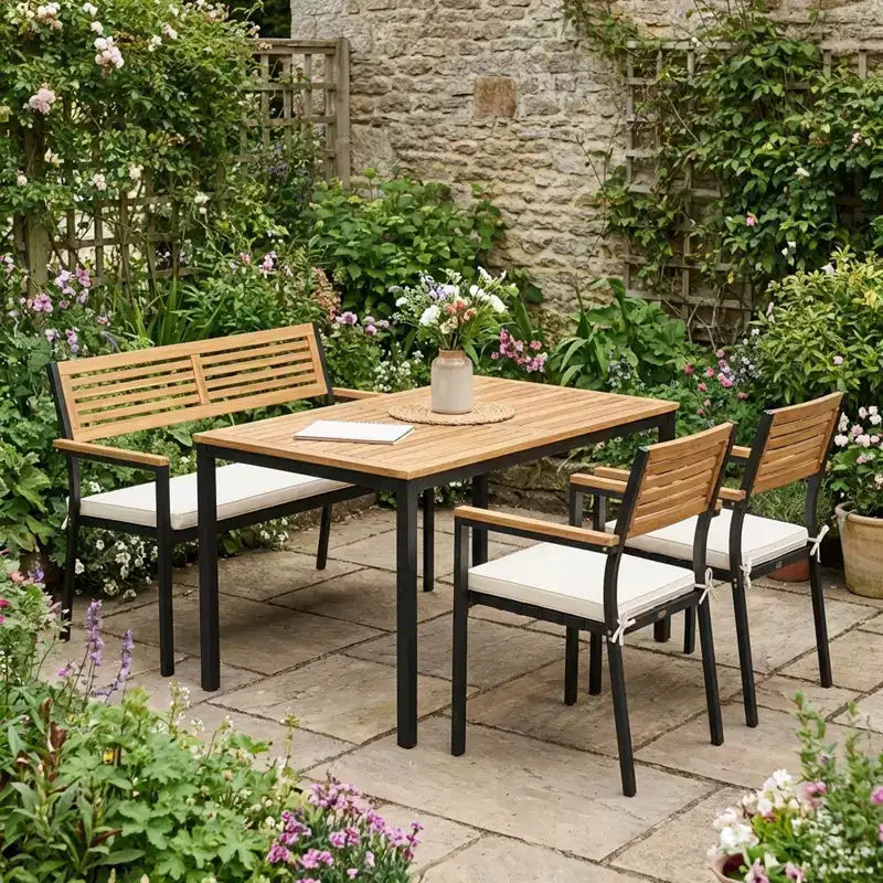 Gymax 4 PC Patio Furniture Set w/ Acacia Wood Table & Umbrella Hole 2 Stackable Chairs Bench Comfortable Cushions
