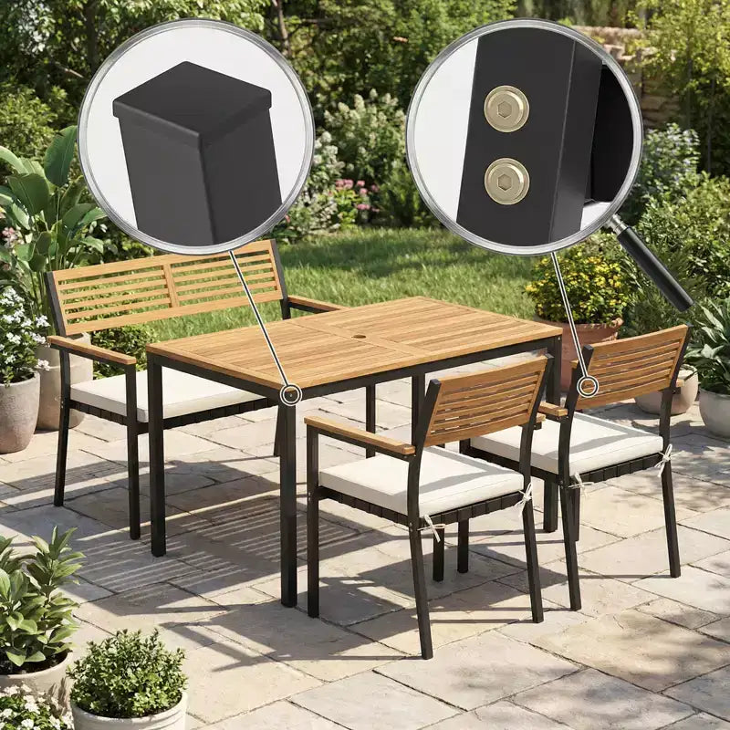 Gymax 4 PC Patio Furniture Set w/ Acacia Wood Table & Umbrella Hole 2 Stackable Chairs Bench Comfortable Cushions