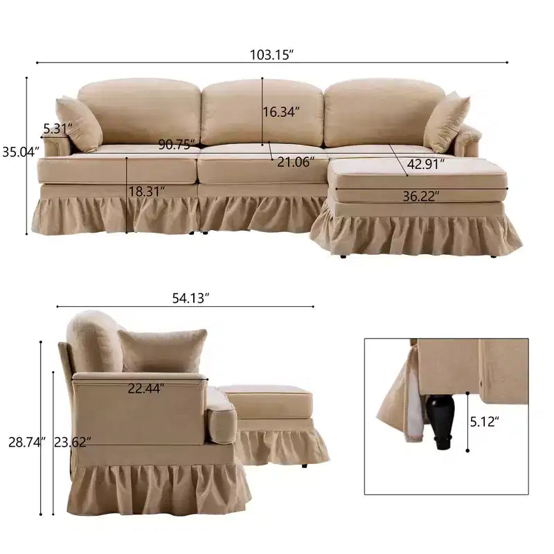 GDFStudio Hiroto Modern 4 Piece Wooden Chenille Upholstered Sectional Sofa with Removable Ruffled Pleated Skirt and Flared Arms