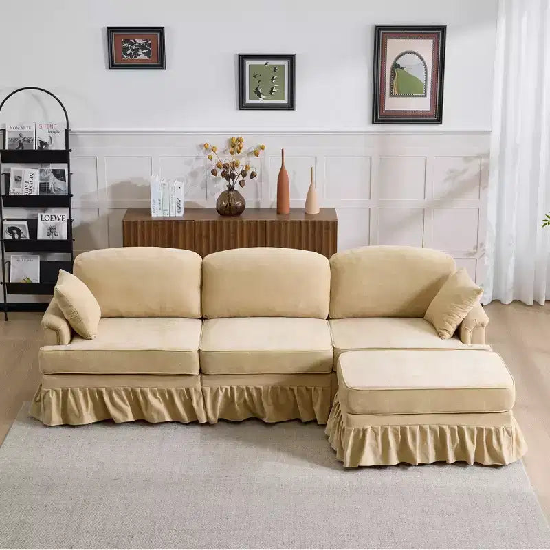 GDFStudio Hiroto Modern 4 Piece Wooden Chenille Upholstered Sectional Sofa with Removable Ruffled Pleated Skirt and Flared Arms
