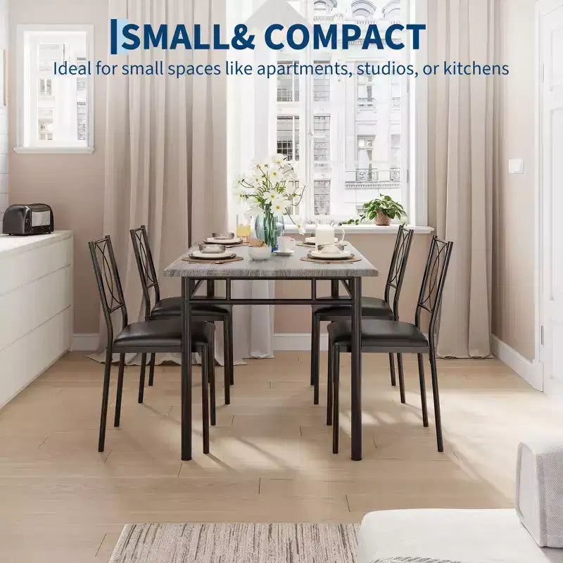 Farmhouse Dining Table Set for 4 with 4 Upholstered Chairs,Sturdy Wood KitchenTable, Space-Saving Apartment Dining Furniture