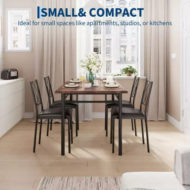 Farmhouse Dining Table Set for 4 with 4 Upholstered Chairs,Sturdy Wood KitchenTable, Space-Saving Apartment Dining Furniture