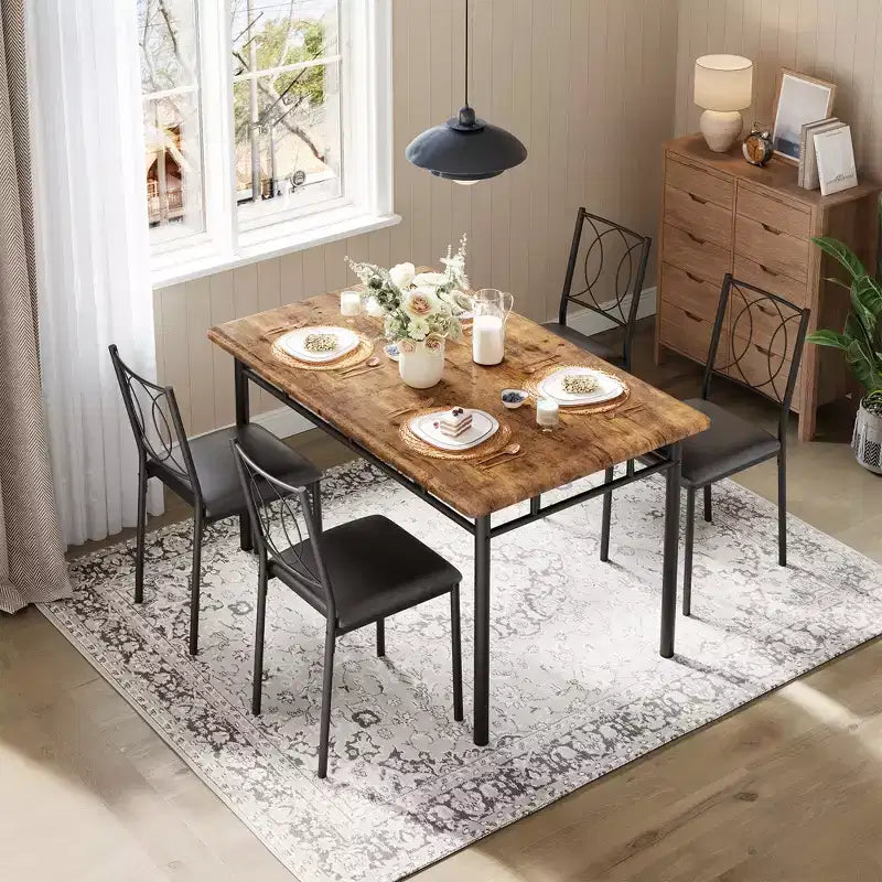 Farmhouse Dining Table Set for 4 with 4 Upholstered Chairs,Sturdy Wood KitchenTable, Space-Saving Apartment Dining Furniture