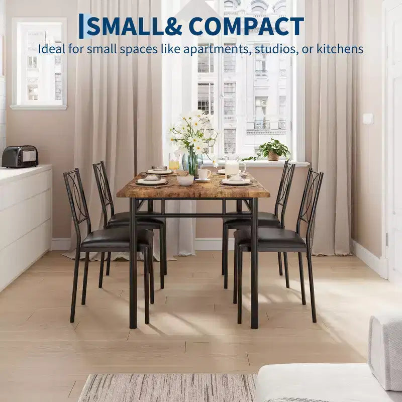 Farmhouse Dining Table Set for 4 with 4 Upholstered Chairs,Sturdy Wood KitchenTable, Space-Saving Apartment Dining Furniture