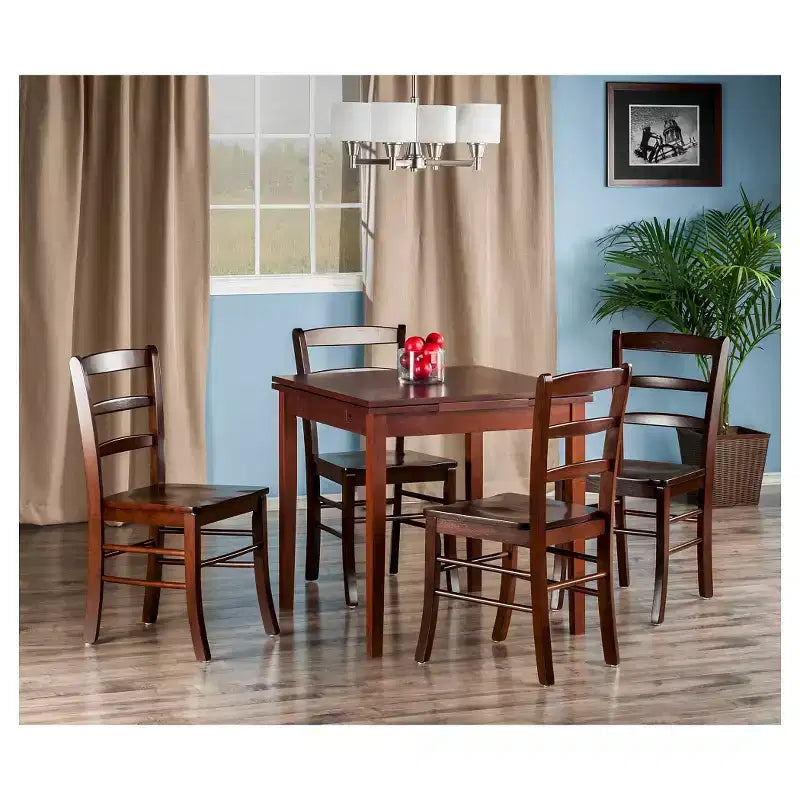 5pc Pulman Dining Set with Ladder Back Chairs Wood/Walnut - Winsome: Traditional Mid-Century Modern, Square Table, 4 Seats