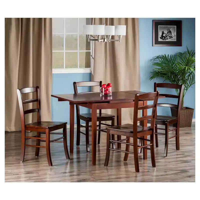 5pc Pulman Dining Set with Ladder Back Chairs Wood/Walnut - Winsome: Traditional Mid-Century Modern, Square Table, 4 Seats