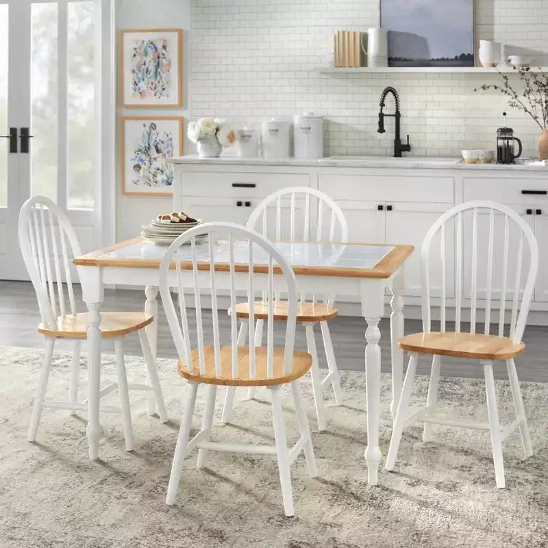 Buylateral 5pc Tara Farmhouse Tile Top Rectangular Dining Set with Spindle Chairs White/Natural