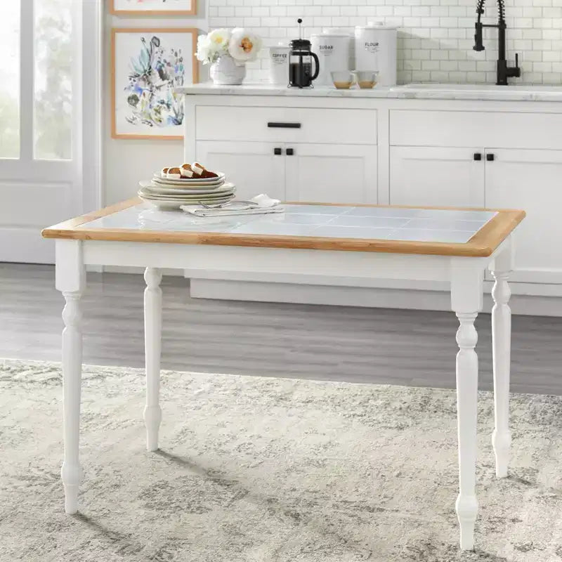 Buylateral 5pc Tara Farmhouse Tile Top Rectangular Dining Set with Spindle Chairs White/Natural