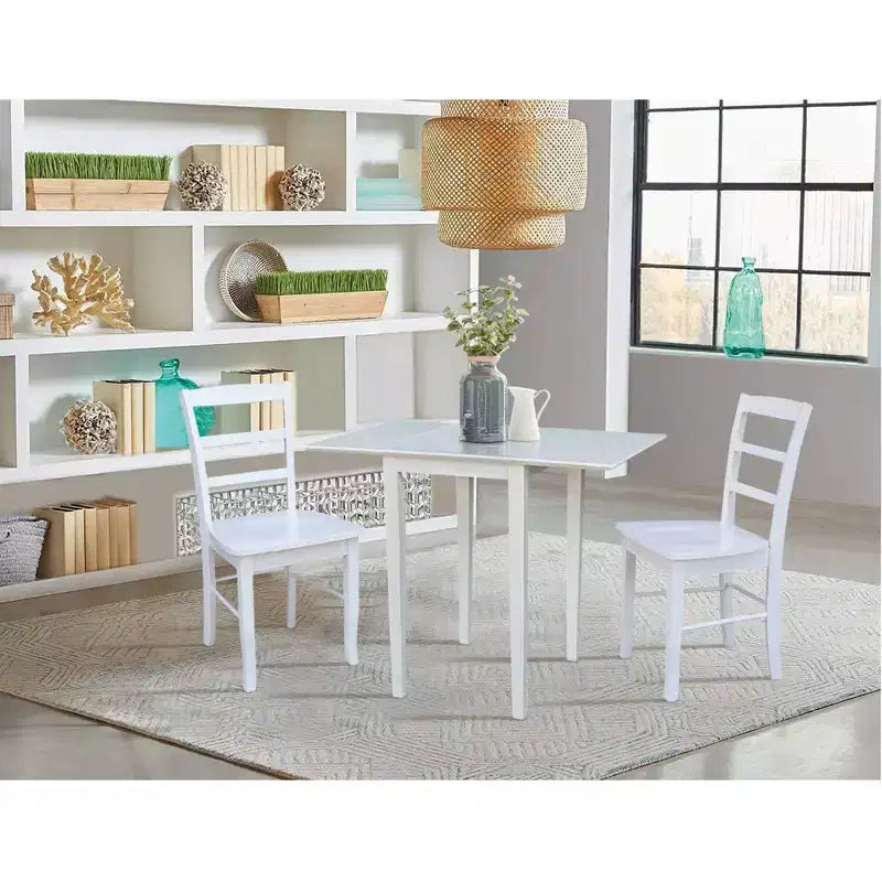International Concepts Tate Dual Drop Leaf Dining Set with 2 Madrid Ladderback Chairs White: Parawood, Mid-Century Style, 3-Piece Set
