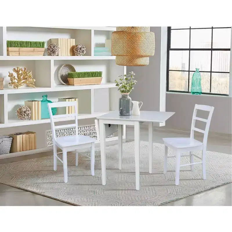 International Concepts Tate Dual Drop Leaf Dining Set with 2 Madrid Ladderback Chairs White: Parawood, Mid-Century Style, 3-Piece Set