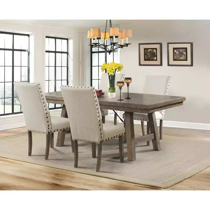 5pc Dex Extendable Dining Table Set, 4 Upholstered Chairs - Picket House Furnishings: Smokey Walnut, Turnbuckle Detail
