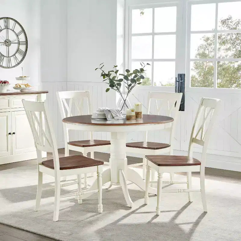 5pc Shelby Round Dining Set with 4 Chairs Distressed White - Crosley: Classic Pedestal, Farmhouse Style
