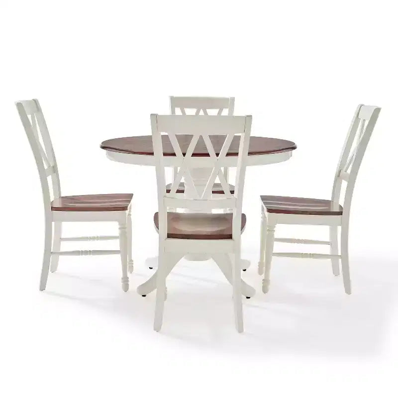 5pc Shelby Round Dining Set with 4 Chairs Distressed White - Crosley: Classic Pedestal, Farmhouse Style