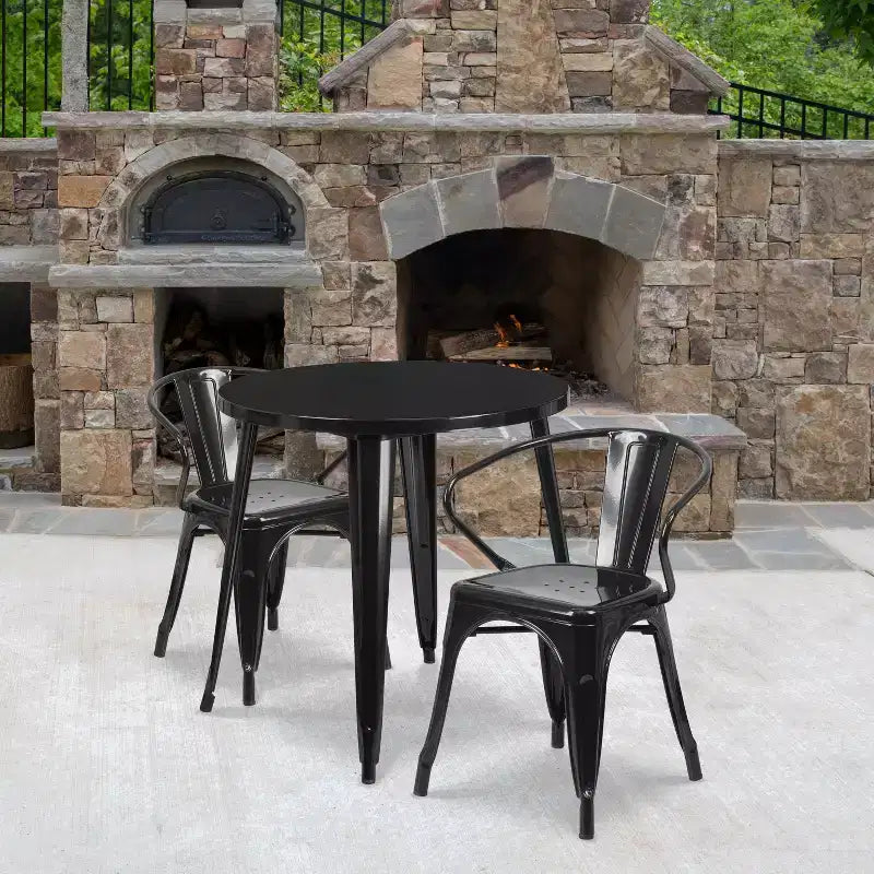 Flash Furniture ronde metalen tafelset van 30 inch voor binnen en buiten, commerciële kwaliteit, met 2 stoelen met armleuningen