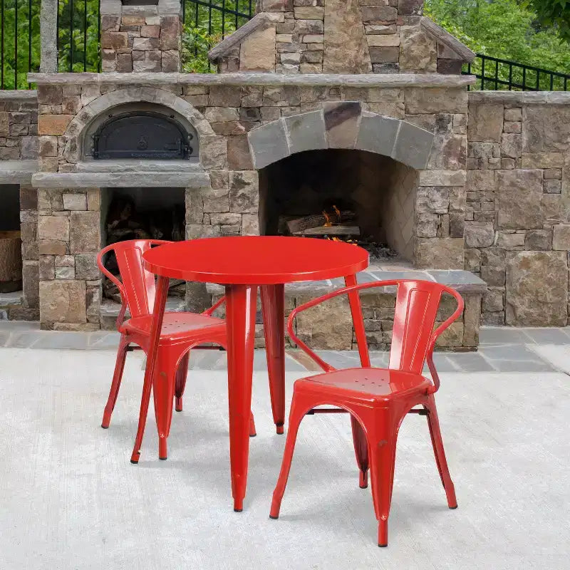 Flash Furniture ronde metalen tafelset van 30 inch voor binnen en buiten, commerciële kwaliteit, met 2 stoelen met armleuningen