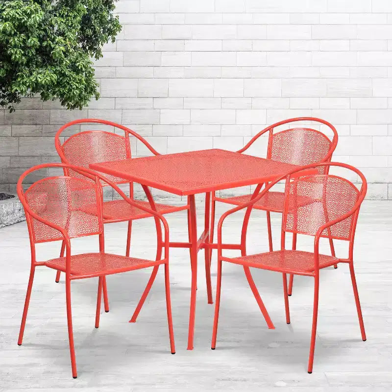Flash Furniture Oia kereskedelmi minőségű, 28 hüvelykes négyzet alakú beltéri-kültéri acél teraszasztal-garnitúra 4 kerek háttámlás székkel