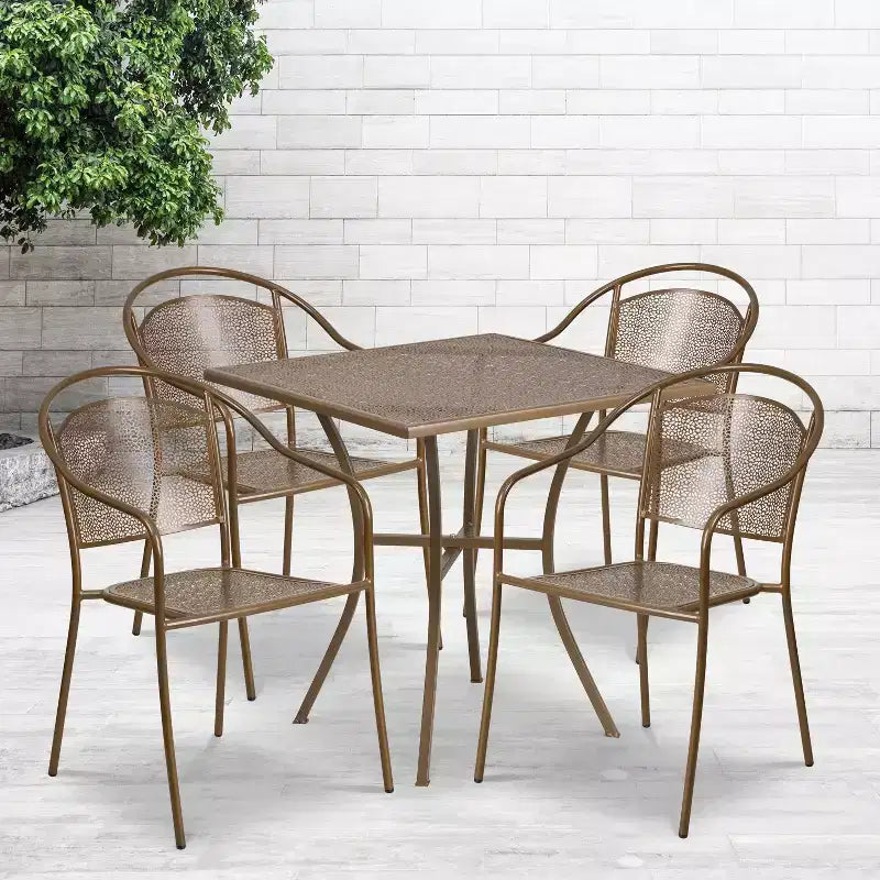 Flash Furniture Oia kereskedelmi minőségű, 28 hüvelykes négyzet alakú beltéri-kültéri acél teraszasztal-garnitúra 4 kerek háttámlás székkel