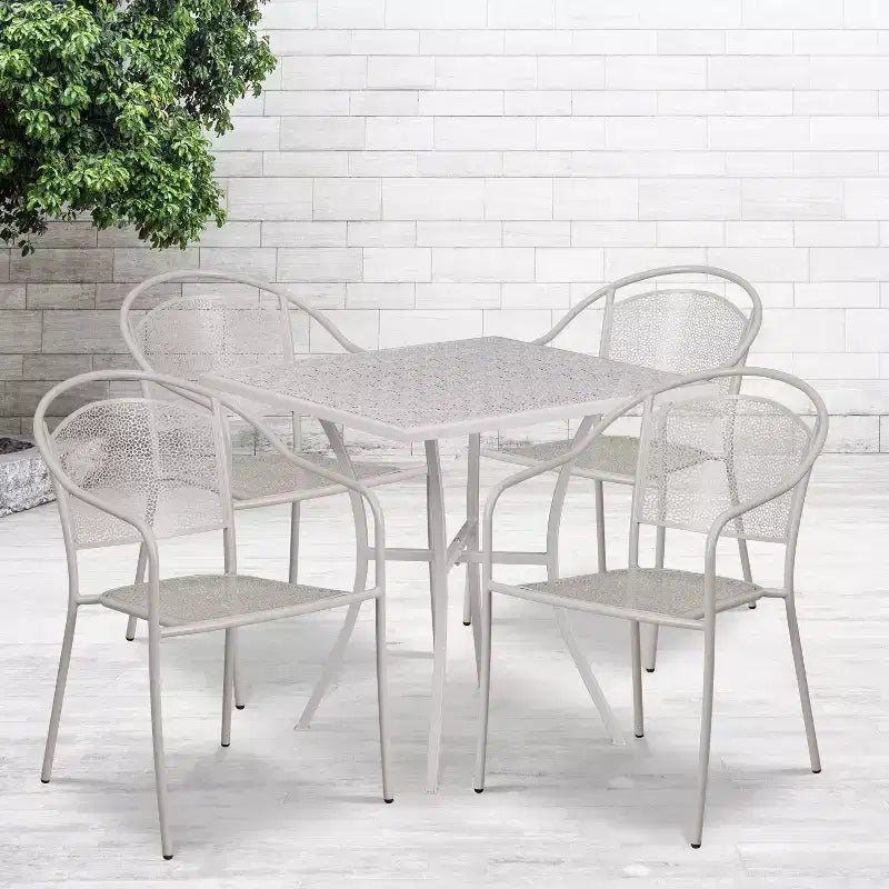 Flash Furniture Oia kereskedelmi minőségű, 28 hüvelykes négyzet alakú beltéri-kültéri acél teraszasztal-garnitúra 4 kerek háttámlás székkel