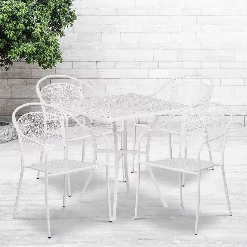 Flash Furniture Oia kereskedelmi minőségű, 28 hüvelykes négyzet alakú beltéri-kültéri acél teraszasztal-garnitúra 4 kerek háttámlás székkel