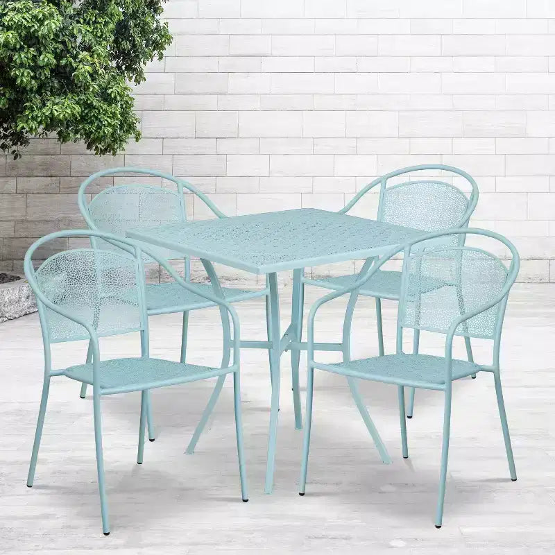 Flash Furniture Oia kereskedelmi minőségű, 28 hüvelykes négyzet alakú beltéri-kültéri acél teraszasztal-garnitúra 4 kerek háttámlás székkel